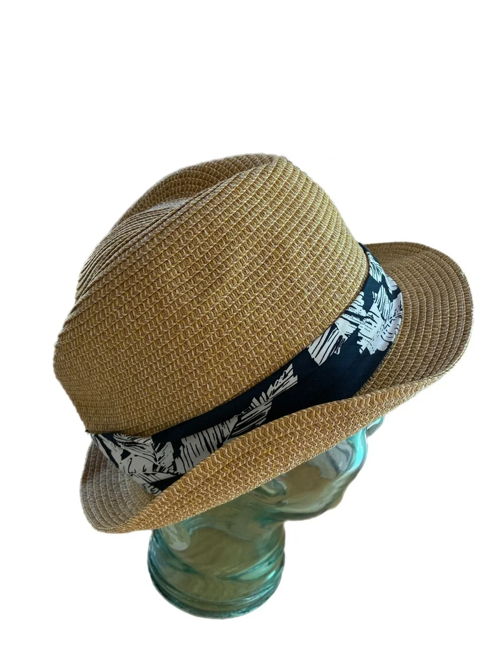 American Eagle Woven Straw Fedora Trilby Hat Navy Leaf Band L/XL Vacation Tropic